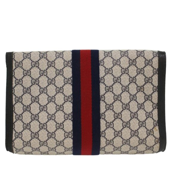 GUCCI GG Canvas Sherry Line Clutch Bag PVC Leather Red Navy gray Auth th3865 - Picture 2 of 15